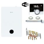 Alt text: Chauffe-eau connecté WiFi avec thermostat numérique, accessoires de fixation et composants de plomberie.